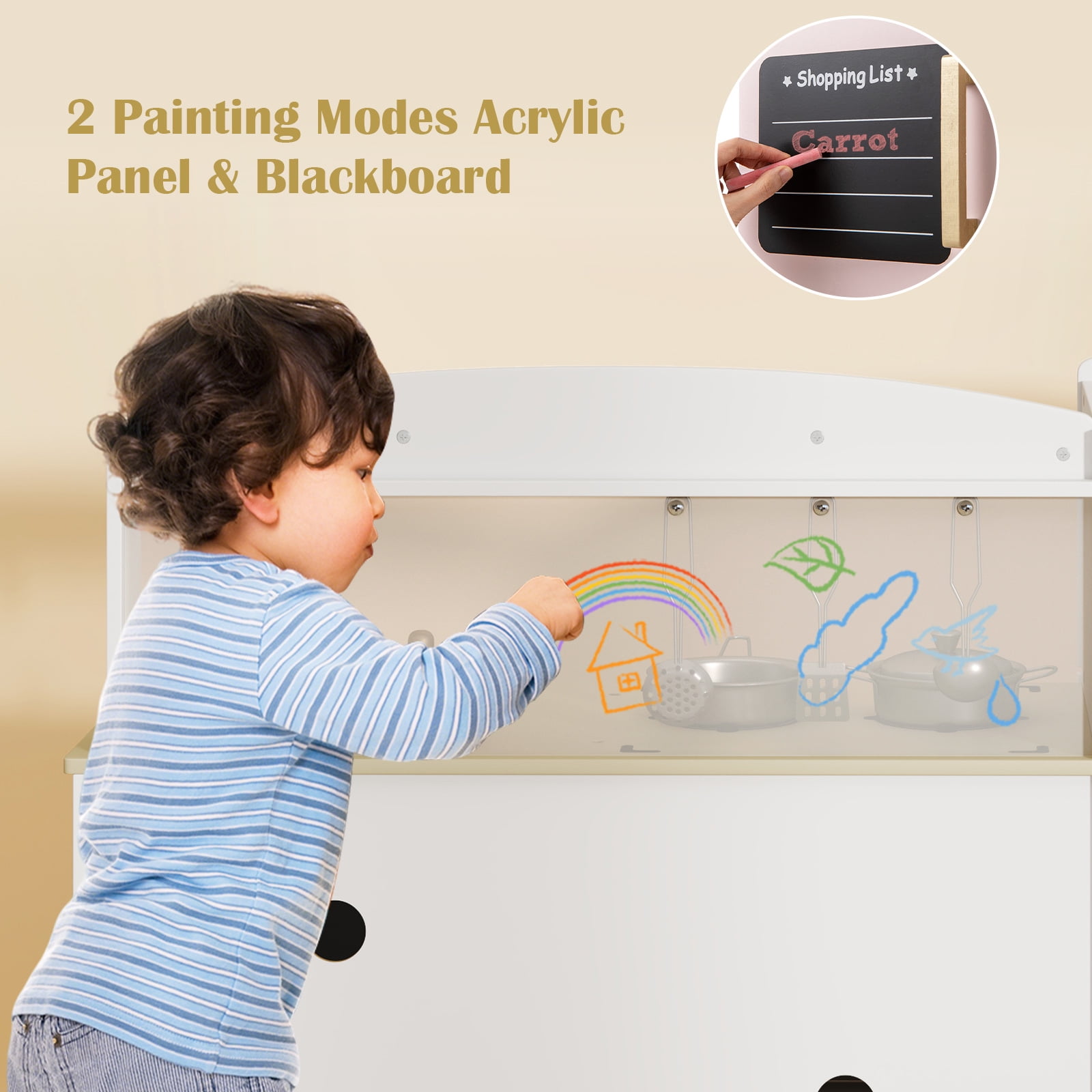 OLAKIDS Kids Kitchen Playset  Toddler Wooden Pretend Cooking Toy Set with Acrylic Drawing Board Ice Machine Dishwasher Cloth Drawer Stove Removable Sink Simulation Play Kitchen for Boys Girls