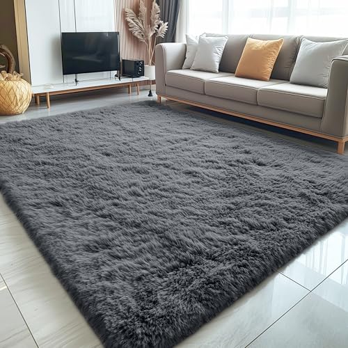 OLANLY 5x8 Machine Washable Large Area Rugs for Living Room  Bedroom  Soft Fluffy Shaggy Bedside Rug  Indoor Floor Carpet for Kids Girls and Boys  Dorms  Nursery  Home Decor Aesthetic  Grey