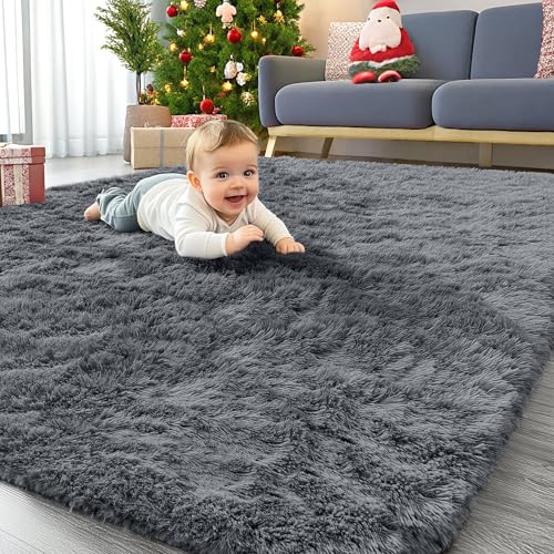 OLANLY Area Rugs for Living Room Bedroom  Machine Washable 4x5 9 ft Soft Fluffy Shaggy Bedside Rug  Indoor Floor Carpet for Kids Girls and Boys  Dorms  Nursery Rooms  Home Decor Aesthetic  Grey