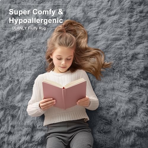 OLANLY Area Rugs for Living Room Bedroom  Machine Washable 4x5 9 ft Soft Fluffy Shaggy Bedside Rug  Indoor Floor Carpet for Kids Girls and Boys  Dorms  Nursery Rooms  Home Decor Aesthetic  Grey