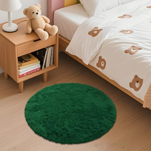 OLANLY Dark Green Round Rugs for Bedroom   Machine Washable  2 ft Circle Area Rugs for Living Room  Soft and Fluffy Shaggy Carpet for Teen Girls and Boys  Nursery Rooms  Dorms  Home Decor Aesthetic