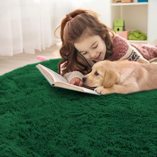 OLANLY Dark Green Round Rugs for Bedroom   Machine Washable  2 ft Circle Area Rugs for Living Room  Soft and Fluffy Shaggy Carpet for Teen Girls and Boys  Nursery Rooms  Dorms  Home Decor Aesthetic