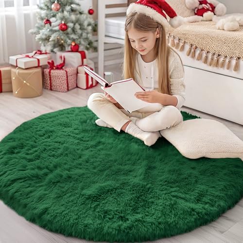 OLANLY Dark Green Round Rugs for Bedroom   Machine Washable  4 ft Circle Area Rugs for Living Room  Soft and Fluffy Shaggy Carpet for Teen Girls and Boys  Nursery Rooms  Dorms  Home Decor Aesthetic