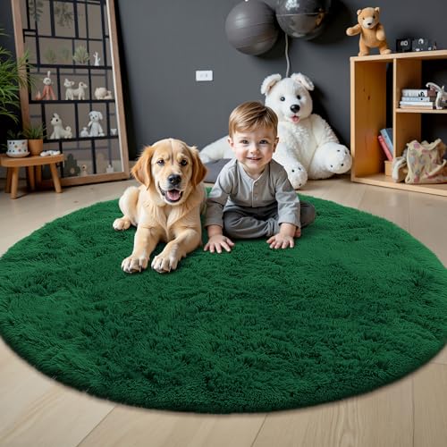 OLANLY Dark Green Round Rugs for Bedroom   Machine Washable  4 ft Circle Area Rugs for Living Room  Soft and Fluffy Shaggy Carpet for Teen Girls and Boys  Nursery Rooms  Dorms  Home Decor Aesthetic