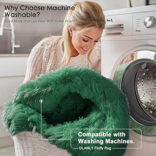 OLANLY Dark Green Round Rugs for Bedroom Machine Washable 4 ft Circle Area Rugs for Living Room Soft and Fluffy Shaggy Carpet for Teen Girls and Boys Nursery Rooms Dorms Home Decor Aesthetic