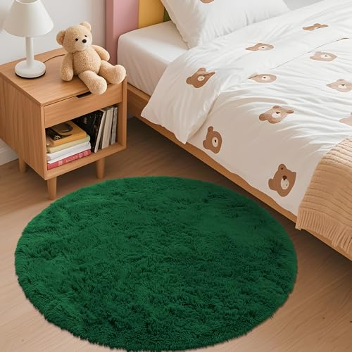 OLANLY Dark Green Round Rugs for Bedroom   Machine Washable  3 ft Circle Area Rugs for Living Room  Soft and Fluffy Shaggy Carpet for Teen Girls and Boys  Nursery Rooms  Dorms  Home Decor Aesthetic