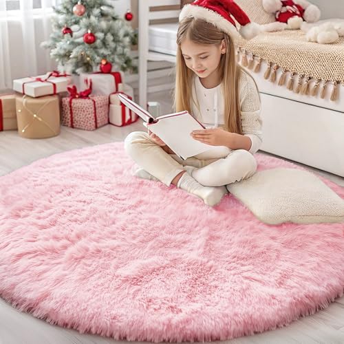 OLANLY Pink Round Rugs for Bedroom   Machine Washable  4 ft Circle Area Rugs for Living Room  Soft and Fluffy Shaggy Carpet for Teen Girls and Boys  Nursery Rooms  Dorms  Home Decor Aesthetic