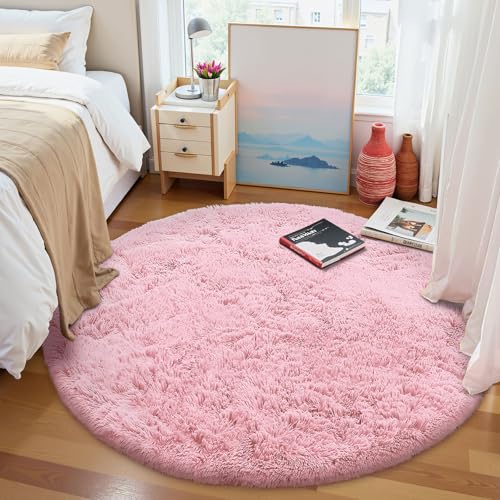 OLANLY Pink Round Rugs for Bedroom   Machine Washable  4 ft Circle Area Rugs for Living Room  Soft and Fluffy Shaggy Carpet for Teen Girls and Boys  Nursery Rooms  Dorms  Home Decor Aesthetic
