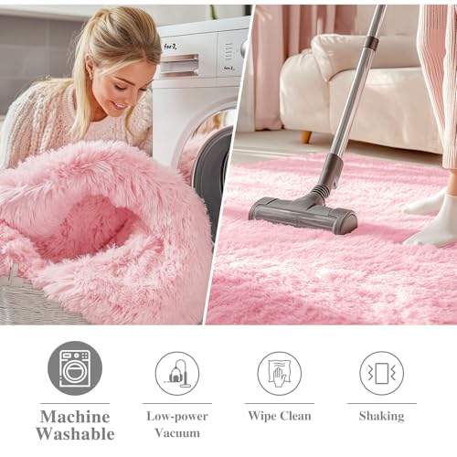 OLANLY Pink Round Rugs for Bedroom   Machine Washable  4 ft Circle Area Rugs for Living Room  Soft and Fluffy Shaggy Carpet for Teen Girls and Boys  Nursery Rooms  Dorms  Home Decor Aesthetic