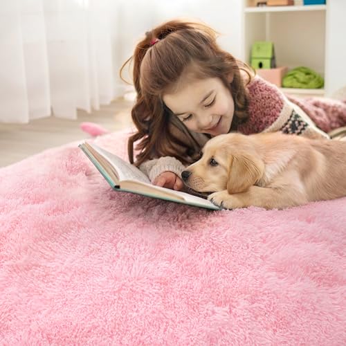 OLANLY Pink Round Rugs for Bedroom   Machine Washable  4 ft Circle Area Rugs for Living Room  Soft and Fluffy Shaggy Carpet for Teen Girls and Boys  Nursery Rooms  Dorms  Home Decor Aesthetic