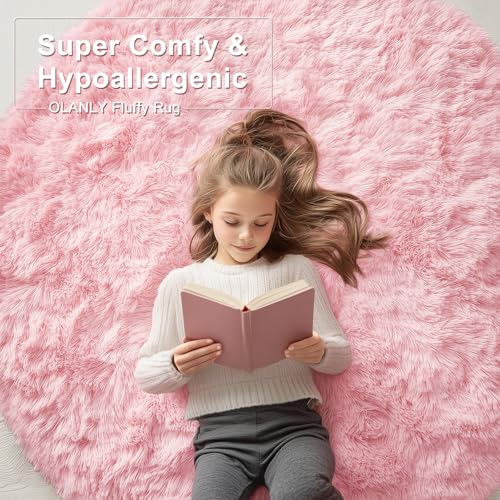 OLANLY Pink Round Rugs for Bedroom   Machine Washable  4 ft Circle Area Rugs for Living Room  Soft and Fluffy Shaggy Carpet for Teen Girls and Boys  Nursery Rooms  Dorms  Home Decor Aesthetic