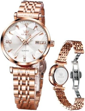 OLEVS Women Watches Simple Dress Ladies Watch Rose Gold Stainless Steel Watch Waterproof Quartz Date Luxury Diamond Small Wristwatch Fashion Analog Female Reloj Mujer Blue White Green Red Yellow Face