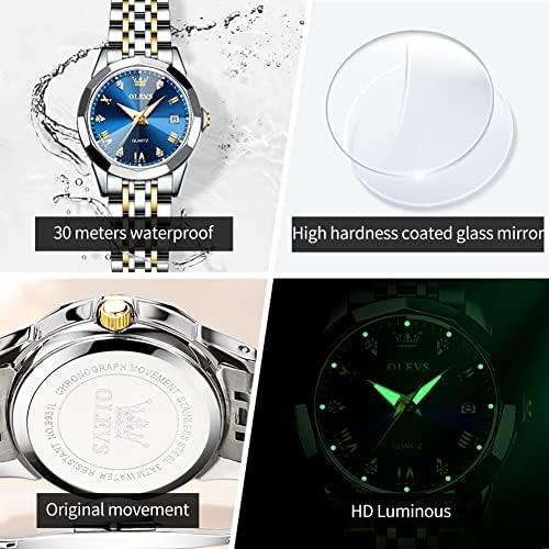 OLEVS Womens Watch Fashion Dress Diamond Female Watches for Ladies Analog Quartz Stainless Steel Waterproof Luminous Day Date Two Tone Wristwatch