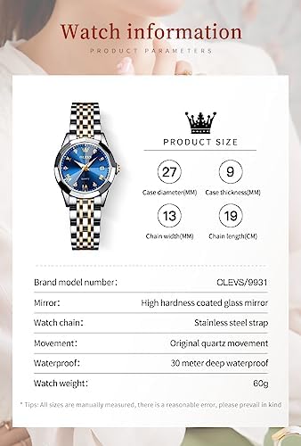 OLEVS Womens Watch Fashion Dress Diamond Female Watches for Ladies Analog Quartz Stainless Steel Waterproof Luminous Day Date Two Tone Wristwatch