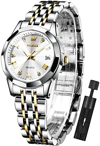 OLEVS Womens Watch Fashion Dress Diamond Female Watches for Ladies Analog Quartz Stainless Steel Waterproof Luminous Day Date Two Tone Wristwatch
