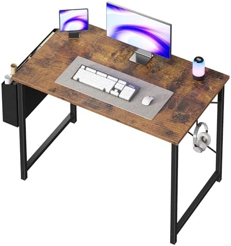 OLIXIS Computer Desk 40 Inch Home Office Desks for Small Spaces  Gaming Writing Study Work Table with Storage Bag and Headphone Hook for Bedroom  Rustic Brown