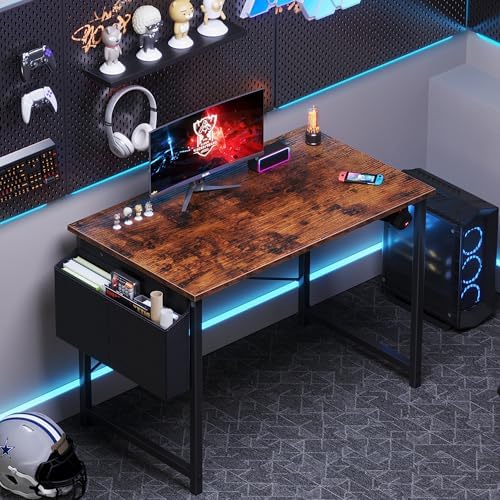 OLIXIS Computer Desk 40 Inch Home Office Desks for Small Spaces  Gaming Writing Study Work Table with Storage Bag and Headphone Hook for Bedroom  Rustic Brown
