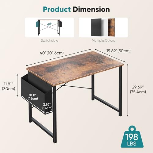 OLIXIS Computer Desk 40 Inch Home Office Desks for Small Spaces  Gaming Writing Study Work Table with Storage Bag and Headphone Hook for Bedroom  Rustic Brown