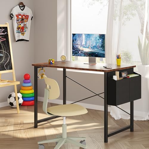 OLIXIS Computer Desk 40 Inch Home Office Desks for Small Spaces  Gaming Writing Study Work Table with Storage Bag and Headphone Hook for Bedroom  Rustic Brown