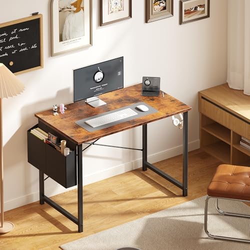OLIXIS Computer Desk 40 Inch Home Office Desks for Small Spaces  Gaming Writing Study Work Table with Storage Bag and Headphone Hook for Bedroom  Rustic Brown
