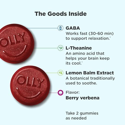 OLLY Goodbye Stress Gummy  GABA  L Theanine  Lemon Balm  Stress Relief Supplement  Berry   74 Count