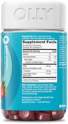 OLLY Goodbye Stress Gummy  GABA  L Theanine  Lemon Balm  Stress Relief Supplement  Berry   74 Count