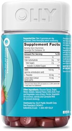 OLLY Goodbye Stress Gummy  GABA  L Theanine  Lemon Balm  Stress Relief Supplement  Berry   74 Count