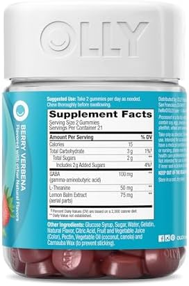 OLLY Goodbye Stress Gummy  GABA  L Theanine  Lemon Balm  Stress Relief Supplement  Berry   74 Count