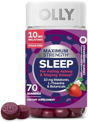 OLLY Max Strength Sleep Gummy  10mg Melatonin  L Theanine  Chamomile  Lemon Balm  Sugar Free  Vegetarian Sleep Aid  Strawberry   70 Count