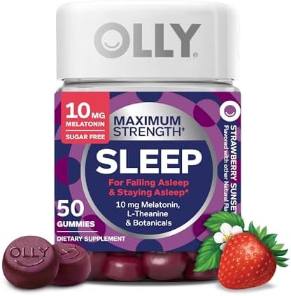 OLLY Max Strength Sleep Gummy  10mg Melatonin  L Theanine  Chamomile  Lemon Balm  Sugar Free  Vegetarian Sleep Aid  Strawberry   70 Count
