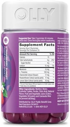 OLLY Max Strength Sleep Gummy  10mg Melatonin  L Theanine  Chamomile  Lemon Balm  Sugar Free  Vegetarian Sleep Aid  Strawberry   70 Count