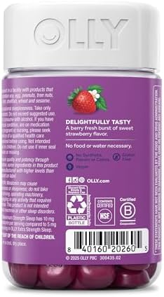 OLLY Max Strength Sleep Gummy  10mg Melatonin  L Theanine  Chamomile  Lemon Balm  Sugar Free  Vegetarian Sleep Aid  Strawberry   70 Count