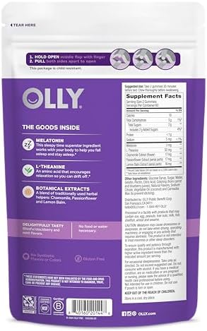 OLLY Sleep Gummy  3 mg Melatonin  L Theanine  Chamomile  and Lemon Balm Extracts  BlackBerry Flavor  60 Day Supply   120 Count