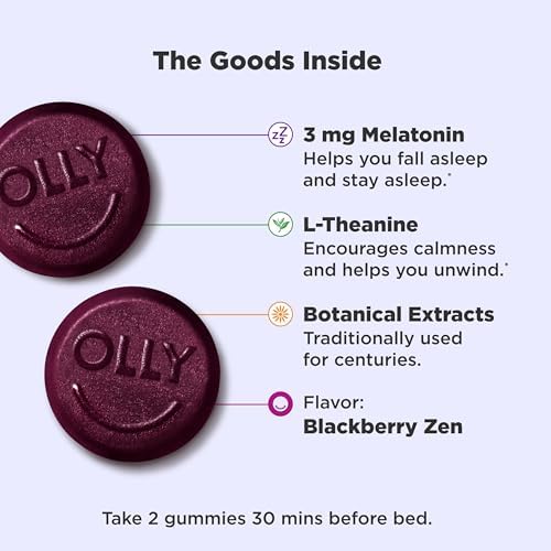 OLLY Sleep Gummy  3 mg Melatonin  L Theanine  Chamomile  and Lemon Balm Extracts  BlackBerry Flavor  60 Day Supply   120 Count