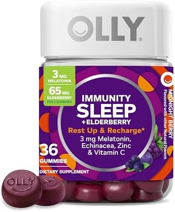OLLY Sleep Immunity Melatonin Gummy  Vitamin C  Zinc  Echinacea  3mg Melatonin  Immune and Sleep Support  Berry   36
