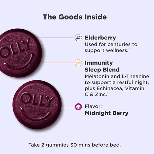 OLLY Sleep Immunity Melatonin Gummy  Vitamin C  Zinc  Echinacea  3mg Melatonin  Immune and Sleep Support  Berry   36