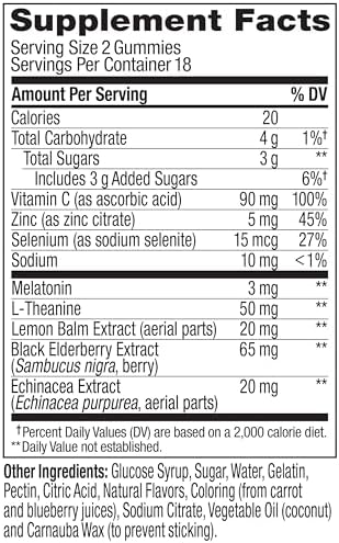 OLLY Sleep Immunity Melatonin Gummy  Vitamin C  Zinc  Echinacea  3mg Melatonin  Immune and Sleep Support  Berry   36