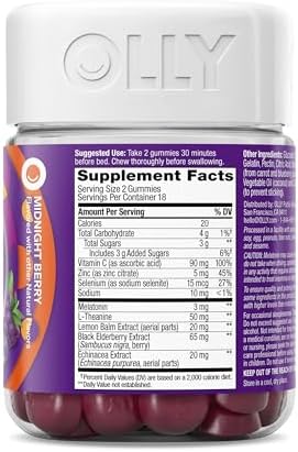 OLLY Sleep Immunity Melatonin Gummy  Vitamin C  Zinc  Echinacea  3mg Melatonin  Immune and Sleep Support  Berry   36