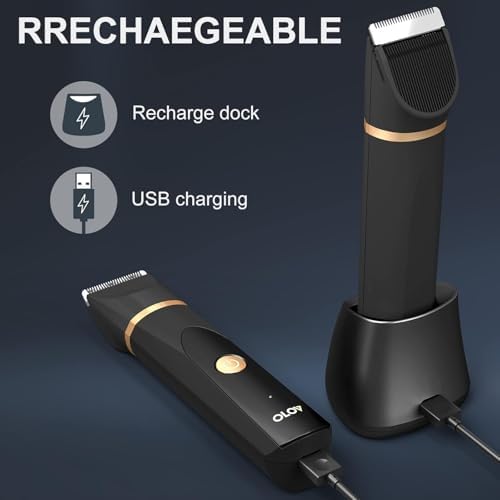OLOV Electric Body Hair Trimmer   Groin Trimmer for Men   Bikini Trimmer Women   Wet/Dry Shaver Groomer  Replaceable Ceramic Blade Heads  USB Recharge Dock  Waterproof Hygiene Razor Black