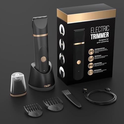 OLOV Electric Body Hair Trimmer   Groin Trimmer for Men   Bikini Trimmer Women   Wet/Dry Shaver Groomer  Replaceable Ceramic Blade Heads  USB Recharge Dock  Waterproof Hygiene Razor Black