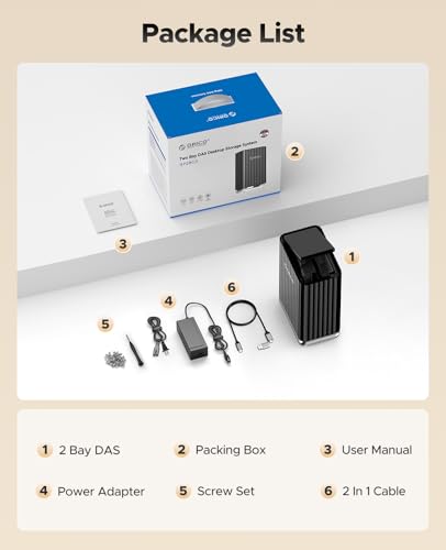 Carcasa ORICO para disco duro de 2 bahías, USB C, Plug and Play, almacenamiento DAS con adaptador de corriente de 12 V/4 A, capacidad máxima de 44 TB para bases de datos locales personales - 9728C3