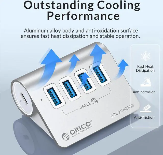 ORICO Aluminum 10Gbps USB 3 2 HUB 4 Port  SuperSpeed Powered PD60W Charger Type C Splitter With Power Adapter for MacBook PC Accessories Silver 7 x USB 3 2 Port & 3 3ft Cable 10Gbps