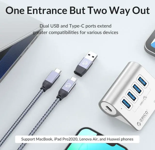 ORICO Aluminum 10Gbps USB 3 2 HUB 4 Port  SuperSpeed Powered PD60W Charger Type C Splitter With Power Adapter for MacBook PC Accessories Silver 7 x USB 3 2 Port & 3 3ft Cable 10Gbps