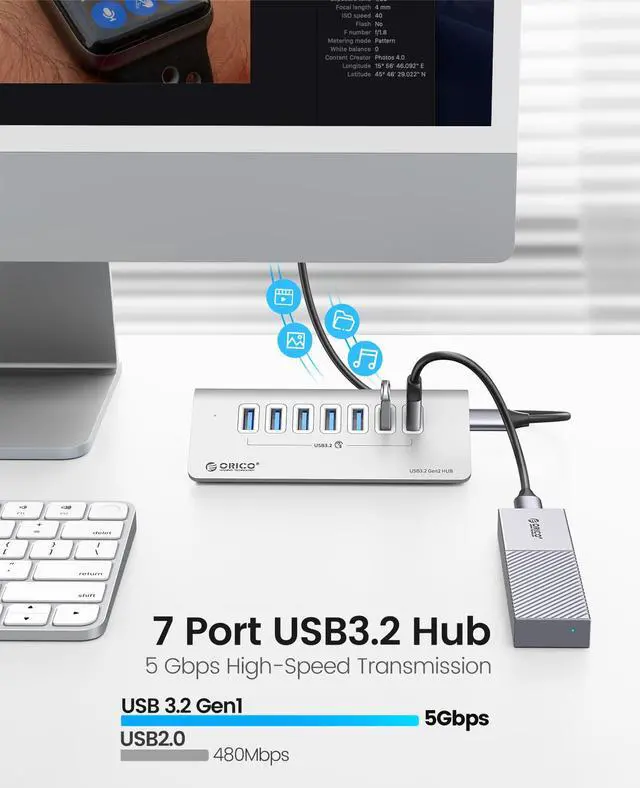 ORICO Aluminum 7 Port USB 3 2 Hub   5Gbps   Power Supply Port  USB A to USB C 3 3Ft Cable   USB Splitter for iMac  All MacBooks  Mac Mini