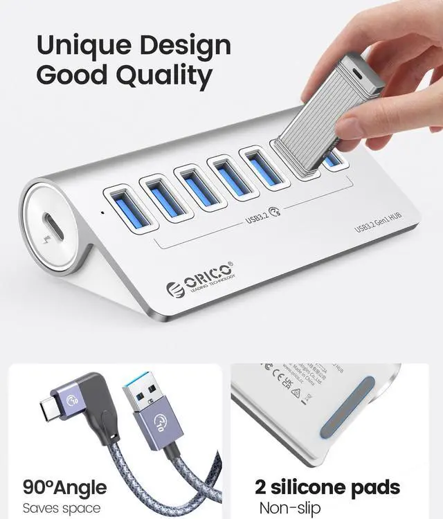 ORICO Aluminum 7 Port USB 3 2 Hub   5Gbps   Power Supply Port  USB A to USB C 3 3Ft Cable   USB Splitter for iMac  All MacBooks  Mac Mini
