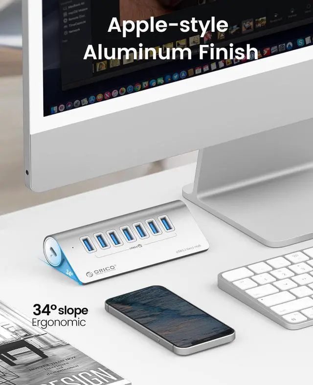 ORICO Aluminum 7 Port USB 3 2 Hub   5Gbps   Power Supply Port  USB A to USB C 3 3Ft Cable   USB Splitter for iMac  All MacBooks  Mac Mini