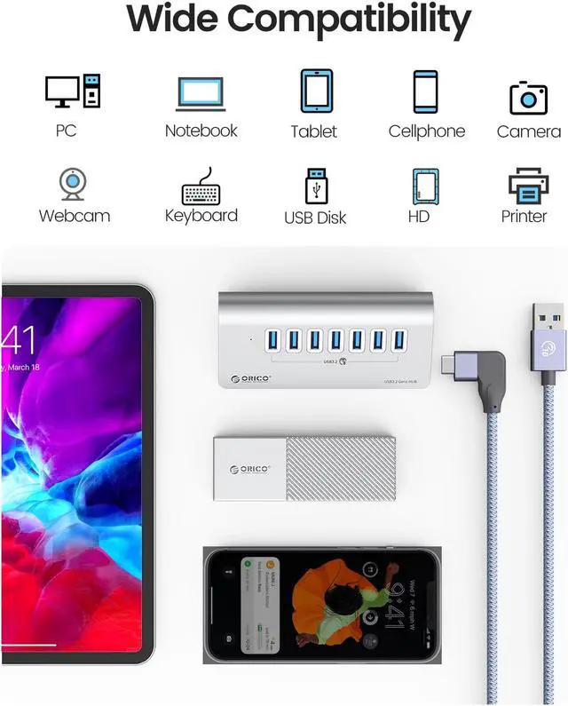 ORICO Aluminum 7 Port USB 3 2 Hub   5Gbps   Power Supply Port  USB A to USB C 3 3Ft Cable   USB Splitter for iMac  All MacBooks  Mac Mini