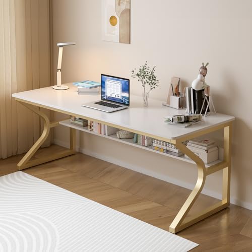 OSCHF Extra Long Desk with Bookshelf   63 Double Long Writing Table for 2 Person Workstation  Modern Study Work Computer Desk for Home and Office  Gold