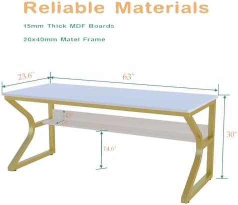 OSCHF Extra Long Desk with Bookshelf   63 Double Long Writing Table for 2 Person Workstation  Modern Study Work Computer Desk for Home and Office  Gold
