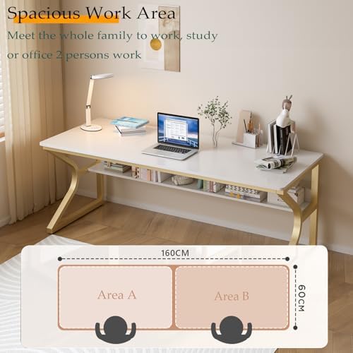 OSCHF Extra Long Desk with Bookshelf   63 Double Long Writing Table for 2 Person Workstation  Modern Study Work Computer Desk for Home and Office  Gold
